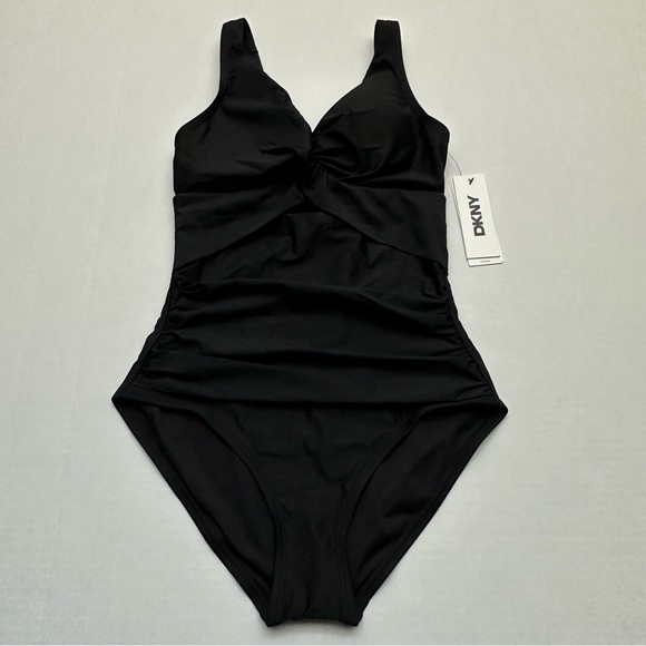 DKNY One Piece Swimsuit Women's SMALL Twist Front Keyhole Slimming Black NEW $79 - Picture 4 of 15